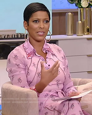 Tamron's pink floral tie waist dress on Tamron Hall Show