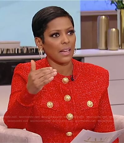 Tamron's red button embellished knit top and floral skirt on on Tamron Hall Show