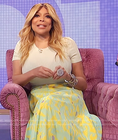 Wendy's mint ribbed tee and printed skirt on The Wendy Williams Show