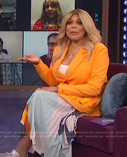 Wendy's orange belted blazer and printed skirt on The Wendy Williams Show