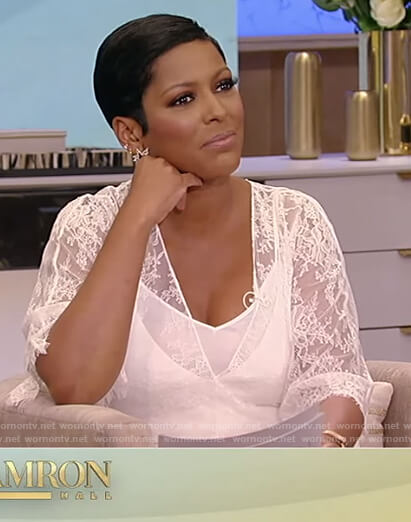 Tamron's white lace jumpsuit on Tamron Hall Show