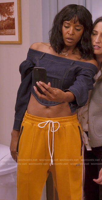 Wickie's denim off-shoulder corset top on Girls5eva