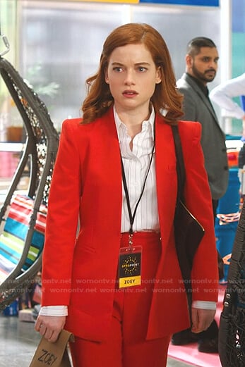Zoey's red lapelless blazer and pants on Zoeys Extraordinary Playlist