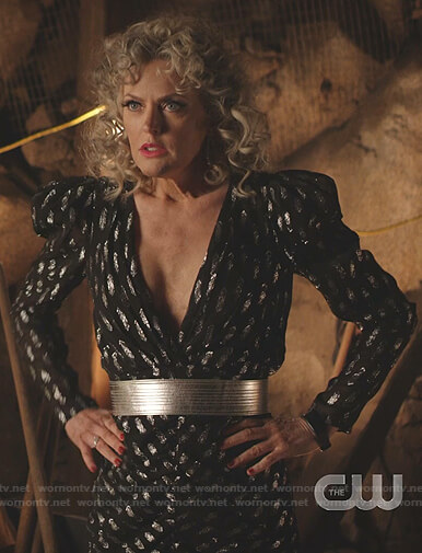 Alexis's metallic plunge neck dress on Dynasty