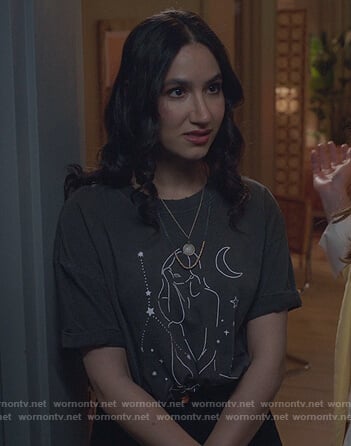 Adena's black zodiac print tee on The Bold Type