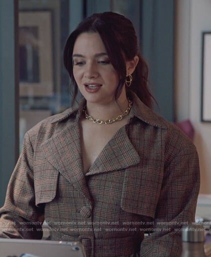 Jane's brown plaid belted dress on The Bold Type