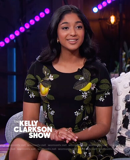 Maitreyi Ramakrishnan's black floral flared dress on The Kelly Clarkson Show