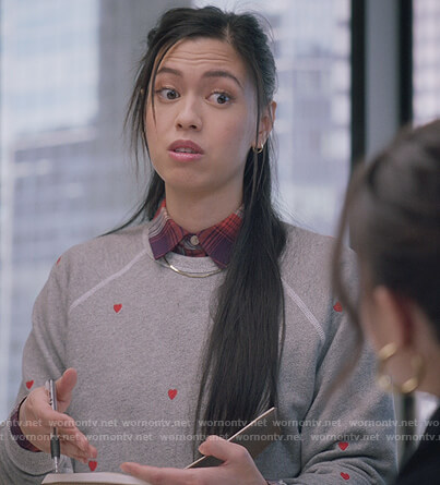 Addison Harper's gray heart print sweatshirt on The Bold Type