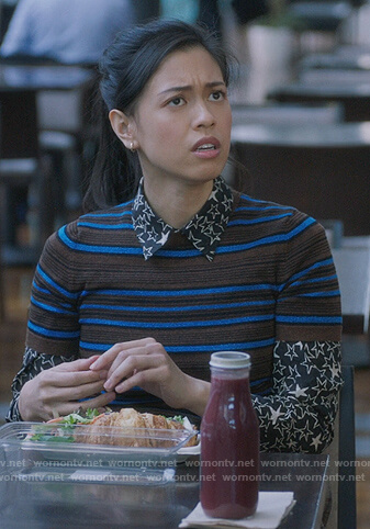 Addison Harper's black star print shirt on The Bold Type