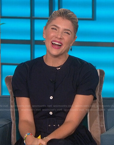 Amanda's navy belted button front dress on The Talk