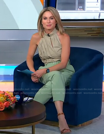 Amy's khaki halter top and green belted pants on Good Morning America