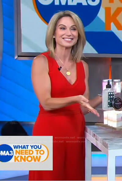 Amy's red v-neck sleeveless jumpsuit on Good Morning America