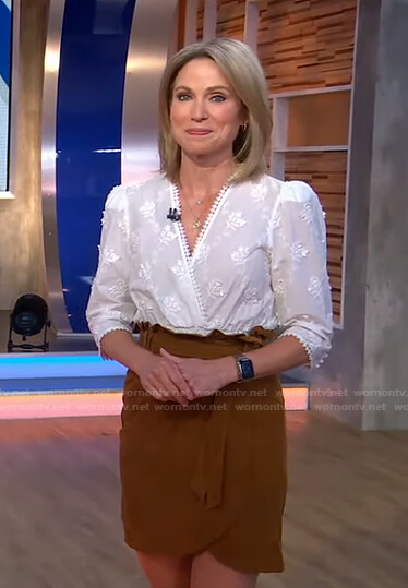 Amy's white floral embroidered top and suede skirt on Good Morning America