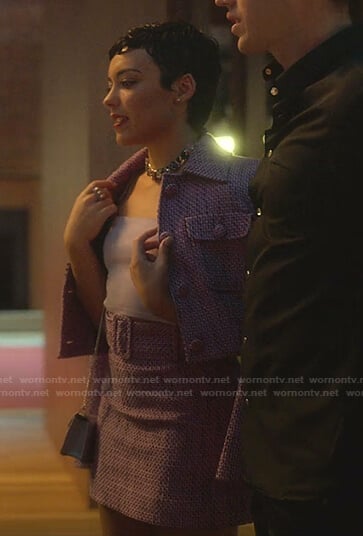 Ari's lilac tweed jacket and belted mini skirt on Elite