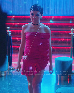 Ari's pink ruffle strapless mini dress on Elite