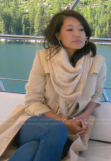 Crystal's beige mesh pocket trench coat on The Real Housewives of Beverly Hills