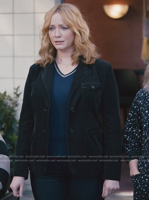 Beth's blue metallic trim sweater on Good Girls