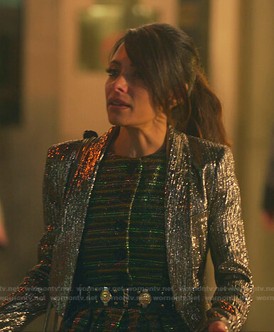 Billie's metallic striped mini dress and blazer on Sex/Life