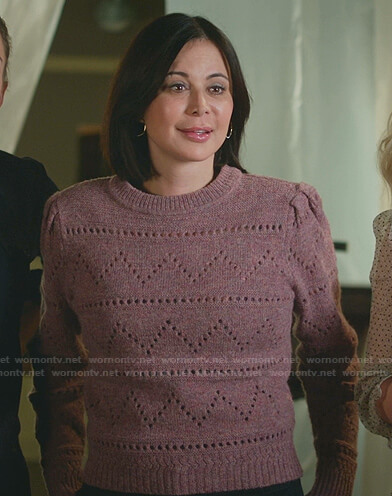Cassie's pink pointelle sweater on Good Witch