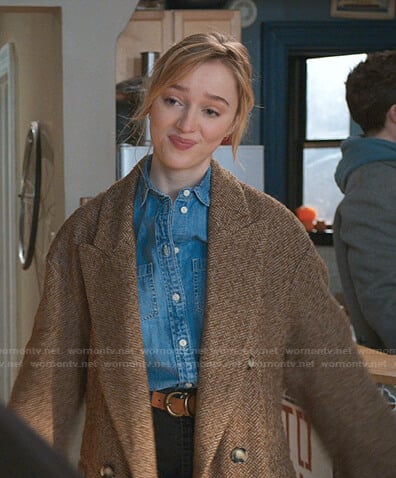 Clare's brown herringbone coat on Younger