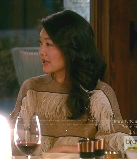 Crystal's beige feather sweater on The Real Housewives of Beverly Hills