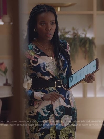 Darby's tiger and leopard print dress on The Bold Type