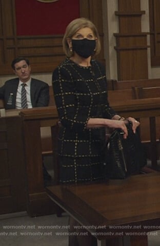 Diane's black check textured dress and jacket on The Good Fight