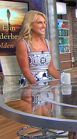Elin Hilderbrand's blue and white square neck dress on CBS This Morning
