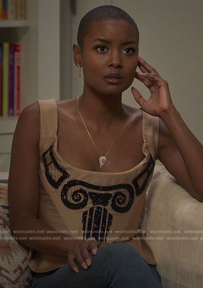 Ella's beaded corset top on Run the World