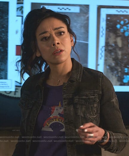 Ella's purple unicorn tee and grey denim jacket on Lucifer