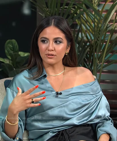 Erin's blue asymmetric satin top on E! News Daily Pop
