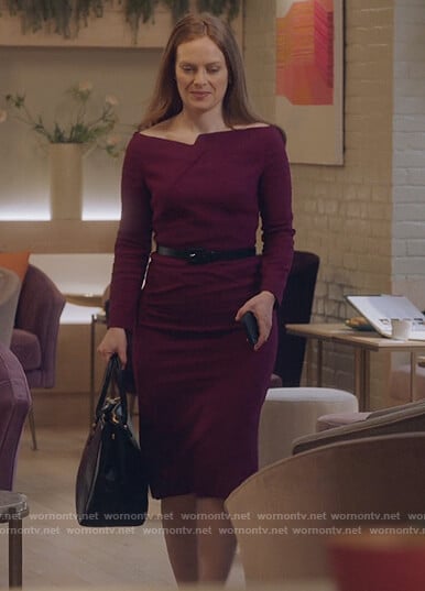 Eva's purple asymmetric neck dress on The Bold Type