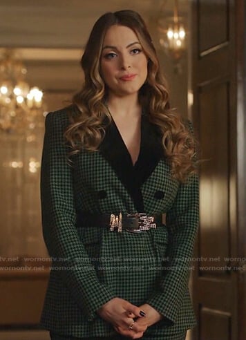 Fallon's green houndstooth blazer and pants on Dynasty
