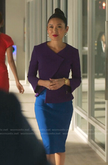 Francesca's purple jacket and blue pencil skirt on Sex/Life