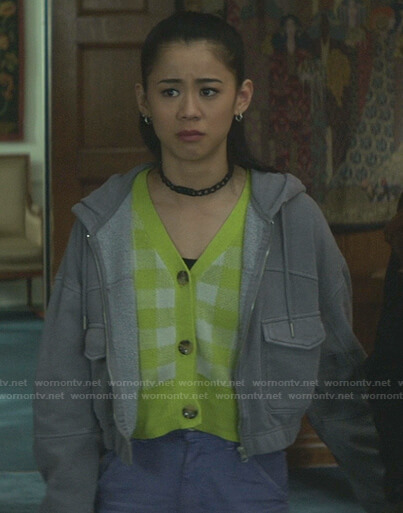 George's yellow check cardigan and grey cropped hooded jacket on Nancy Drew
