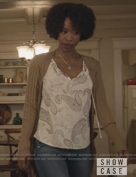 Grace's white paisley print blouse on All American