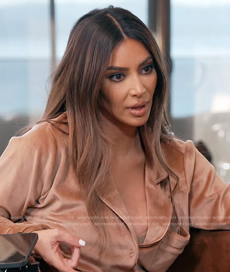 Kim's velour beige blouse on Keeping Up with the Kardashians