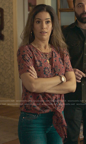 Isabel's red floral tie front top on Love Victor