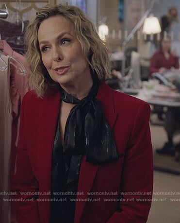 Jacqueline's black metallic tie neck blouse on The Bold Type