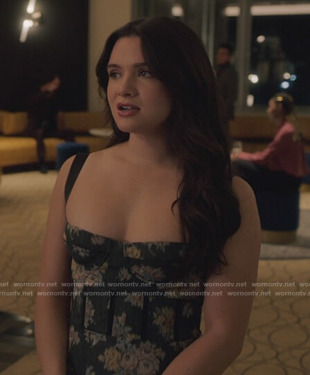 Jane's gray floral print corset dress on The Bold Type