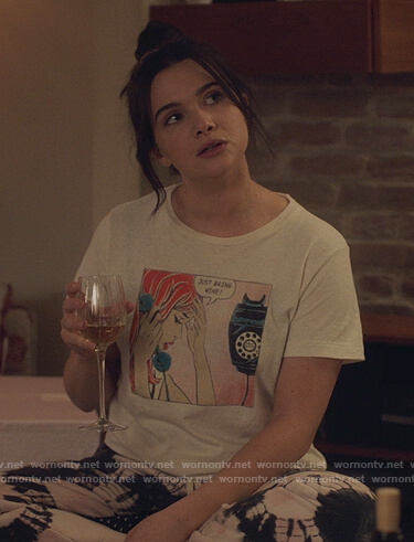 Jane's white graphic print tee on The Bold Type
