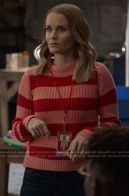 Miss Jenn's pink and red striped sweater with side buttons on High School Musical The Musical The Series