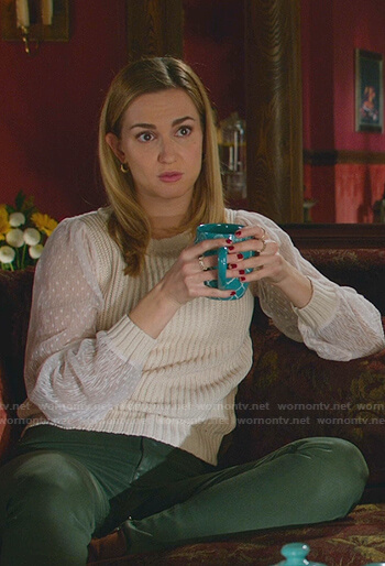 Joy's ivory ribbed sheer sleeve sweater on Good Witch