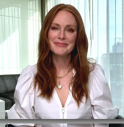 Julianne Moore's white zip front blouse on Today