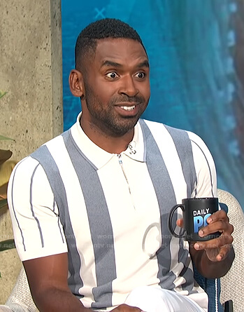 Justin's white and grey striped polo shirt on E! News Daily Pop