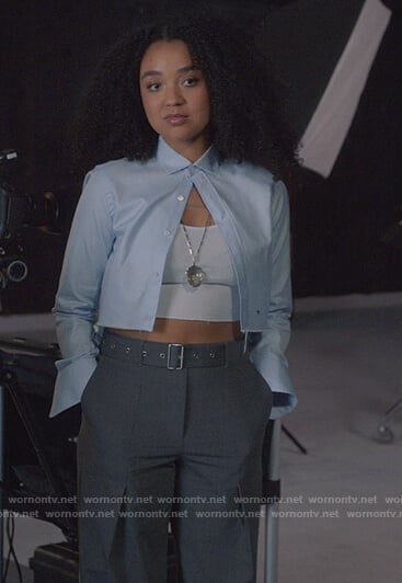 Kat's blue cropped shirt and belted pants on The Bold Type