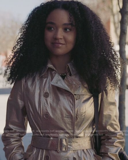 Kat's metallic double breasted coat on The Bold Type
