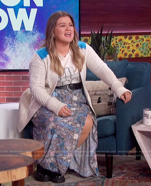 Kelly's floral skirt and white cardigan on The Kelly Clarkson Show