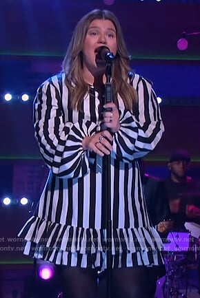 Kelly's stripe ruffle mini dress on The Kelly Clarkson Show