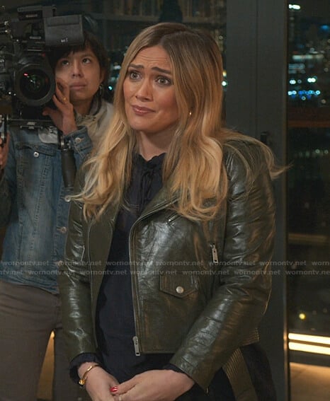 Kelsey's green leather moto jacket on Younger